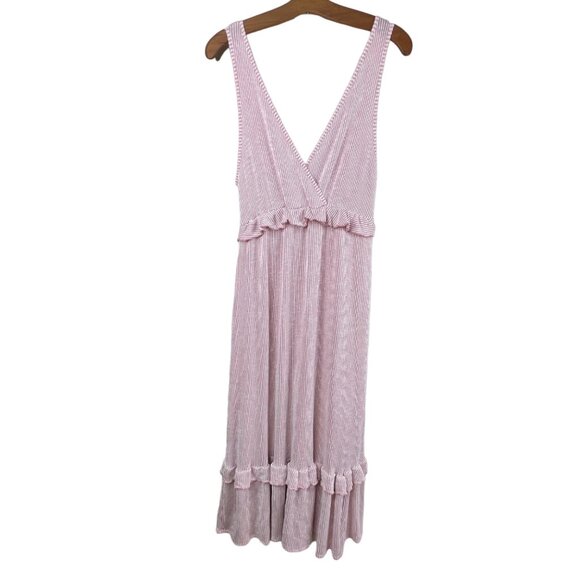 Caution To The Wind Midi Dress Size Large Pink Striped Tiered V-Neck Sleeveless - Picture 1 of 7